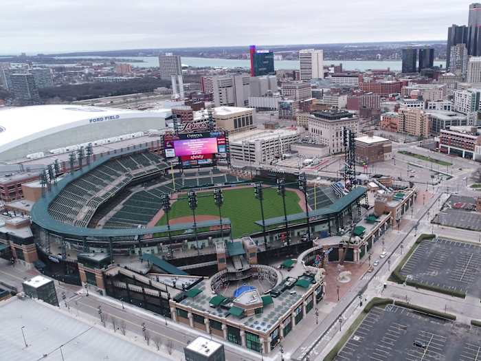 Overhead shot of Detroit skyline and Comerica Park, home of the Tigers.